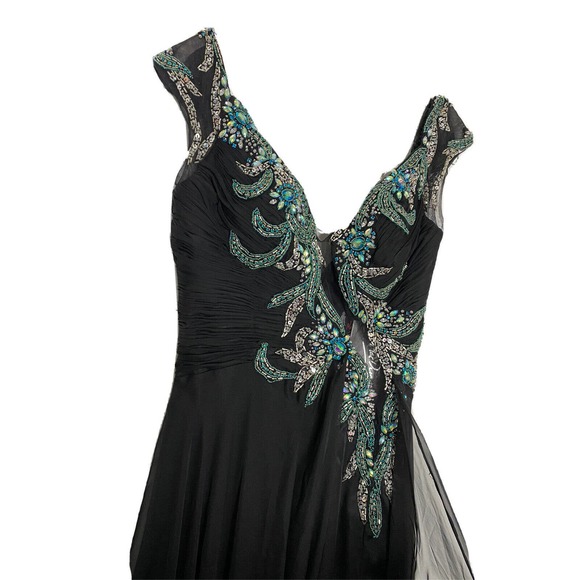 MAC DUGGAL BLACK Sheer Beaded EMBELLISHED Cap Sleeve Side Slit GOWN Sz 4 New - Picture 2 of 8